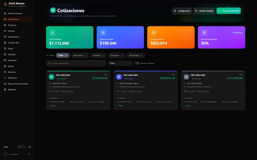 Cotización solar generada desde el recibo CFE en Zenit