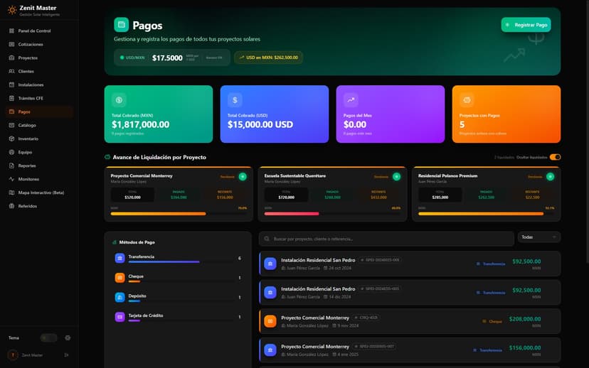 Gestión de pagos de proyectos solares en MXN y USD